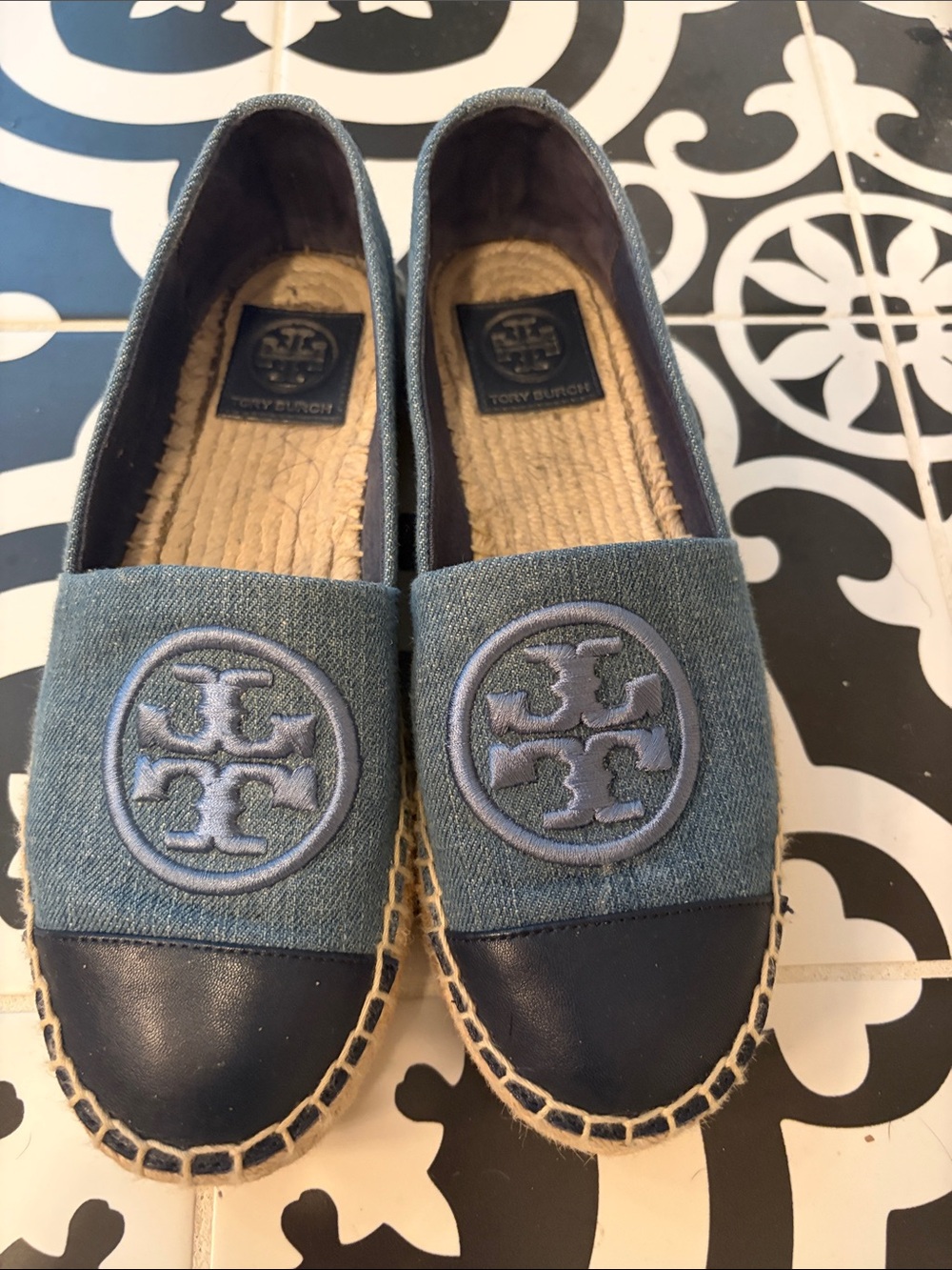 Tory Burch Blue Denim & Navy Logo Espadrille Flats
